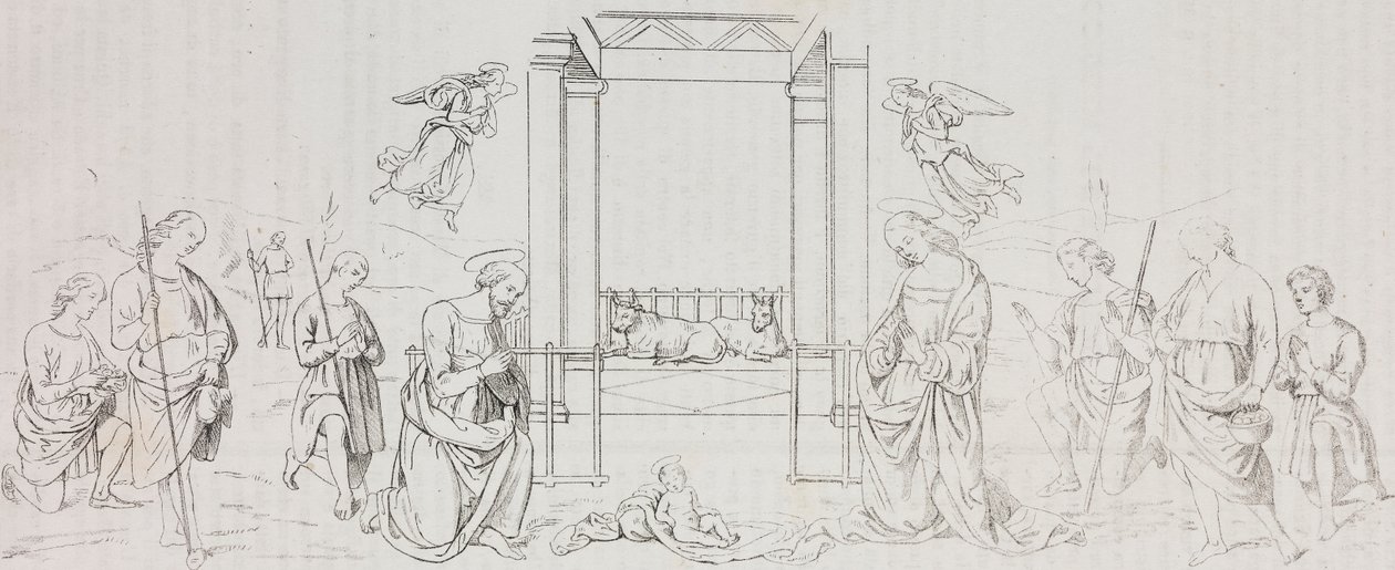 Fontignano Nativity, Adoration of Shepherds, litografi av Salvatore Puglia etter maleri av Pietro Perugino (ca. 1450-1523) fra Poliorama Pittoresco, n 42, 24. mai av Salvatore Puglia