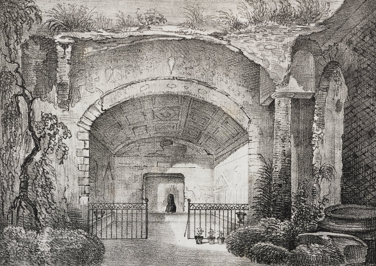 Hall i gammel villa til Prince of Caposele i Formia, Lazio, Italia, litografi av Salvatore Puglia fra Poliorama Pittoresco, n 23, 11. januar av Salvatore Puglia