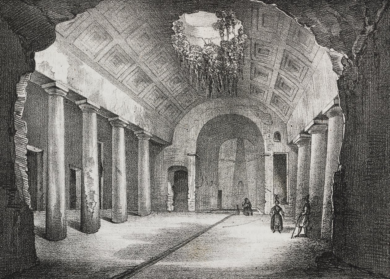 Hall i gammel villa til Prince of Caposele i Formia, Lazio, Italia, litografi av Salvatore Puglia fra Poliorama Pittoresco, n 23, 11. januar av Salvatore Puglia