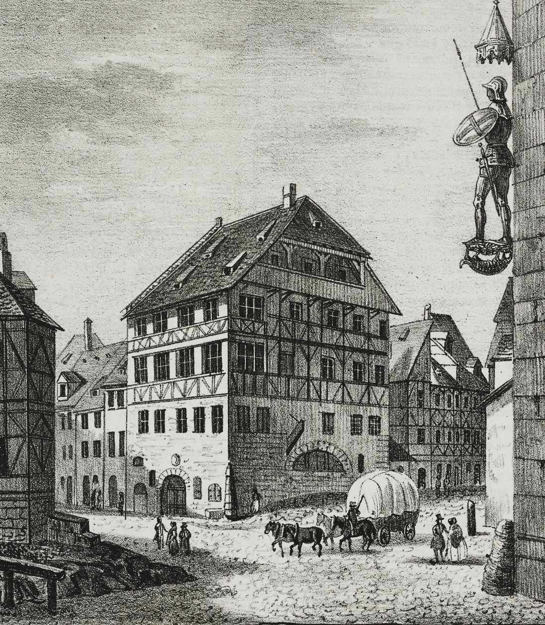 House of Albrecht Durer (1471-1528) i Nürnberg, Tyskland, litografi av Salvatore Puglia fra Poliorama Pittoresco, n 31, 12 mars av Salvatore Puglia