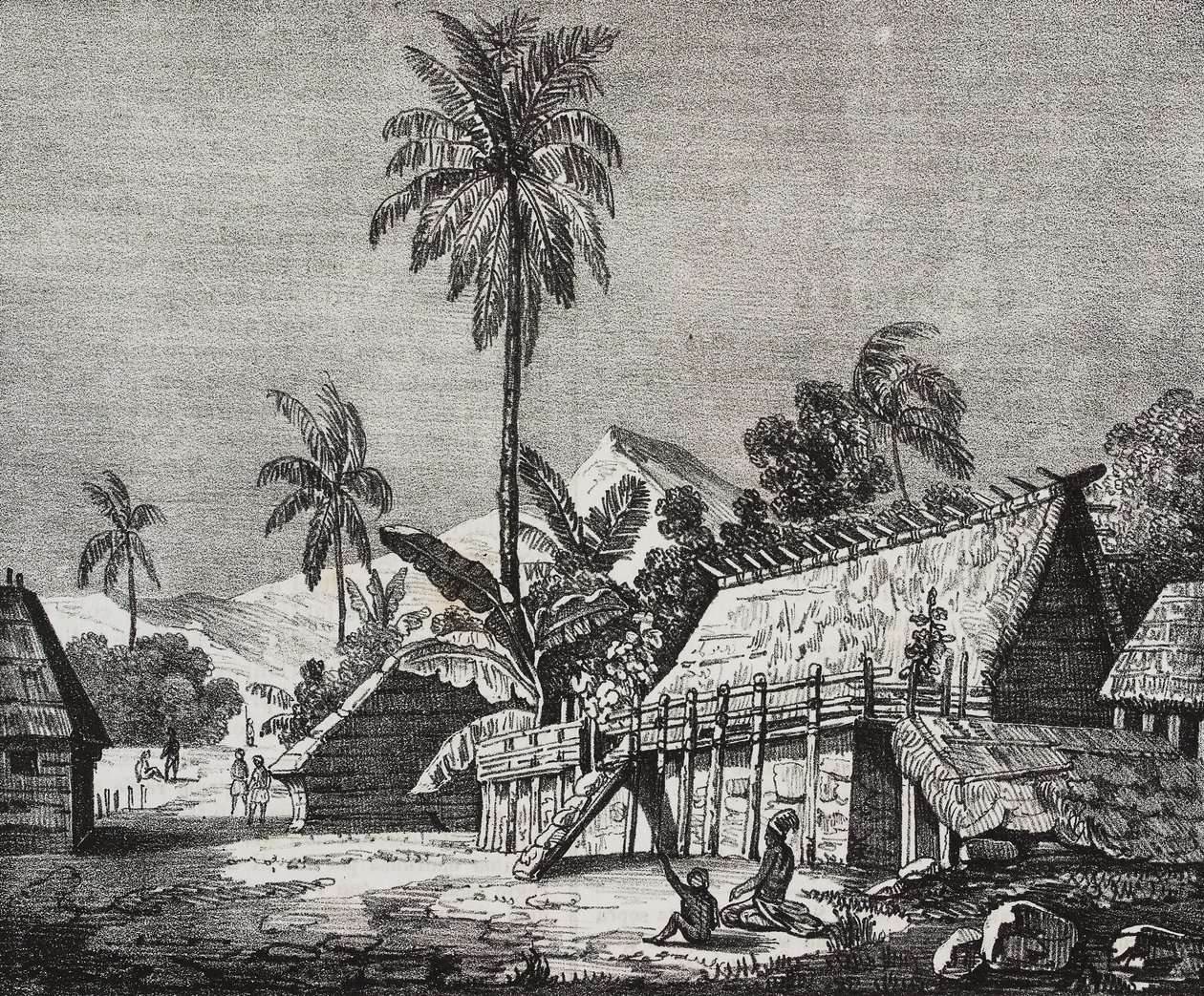 House of Queen Noukahiva Island (i dag Nuku Hiva), Marquesas Islands, Fransk Polynesia, litografi av Salvatore Puglia fra Poliorama Pittoresco, n 37, april av Salvatore Puglia