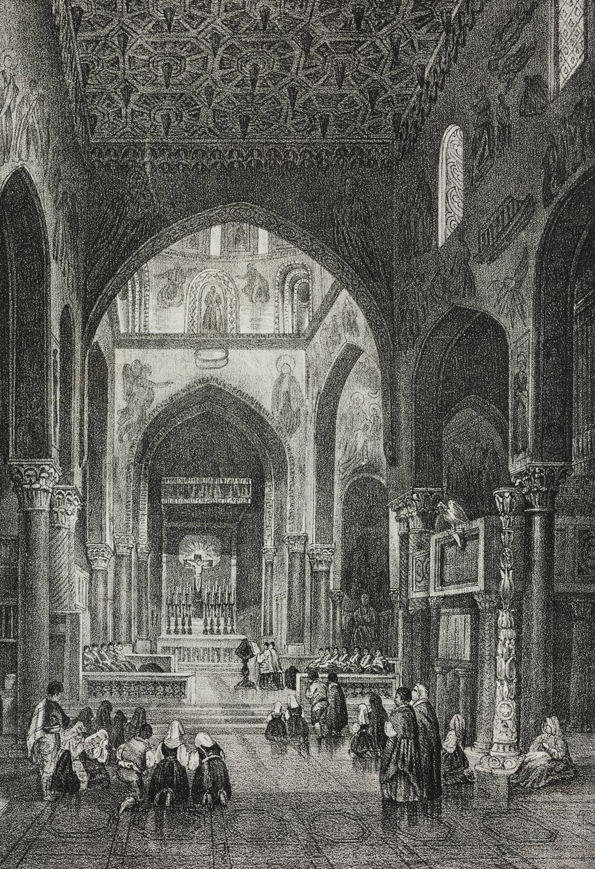 Interiør av Palatine Chapel i Palazzo dei Normanni eller Royal Palace i Palermo, Sicilia, Italia, litografi av Salvatore Puglia fra Poliorama Pittoresco, n 41, 21. mai av Salvatore Puglia
