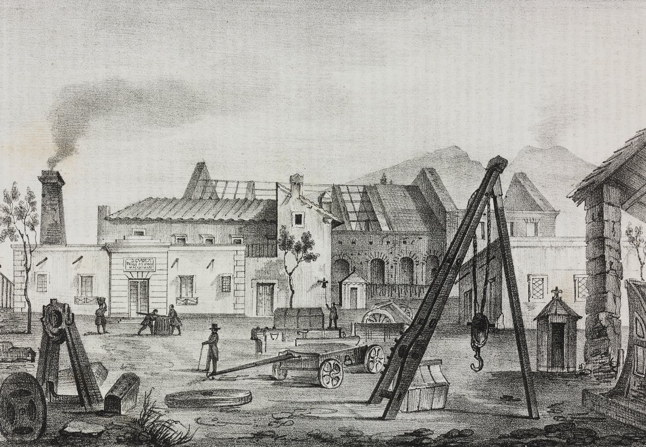 Kongelig mekanisk fabrikk (Royal Mechanical Factory) i Pietrarsa, Campania, Italia, litografi av Gaetano Riccio fra Poliorama Pittoresco, n 39, 7. mai av Salvatore Puglia