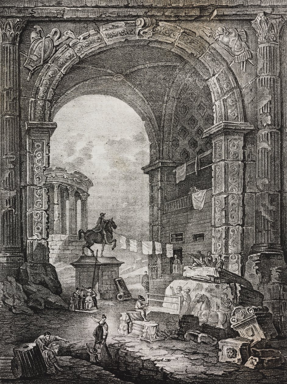 Romerske ruiner, maleri av Hubert Robert (1733-1808), litografi av Salvatore Puglia fra Poliorama Pittoresco, n 28, 17. februar av Salvatore Puglia