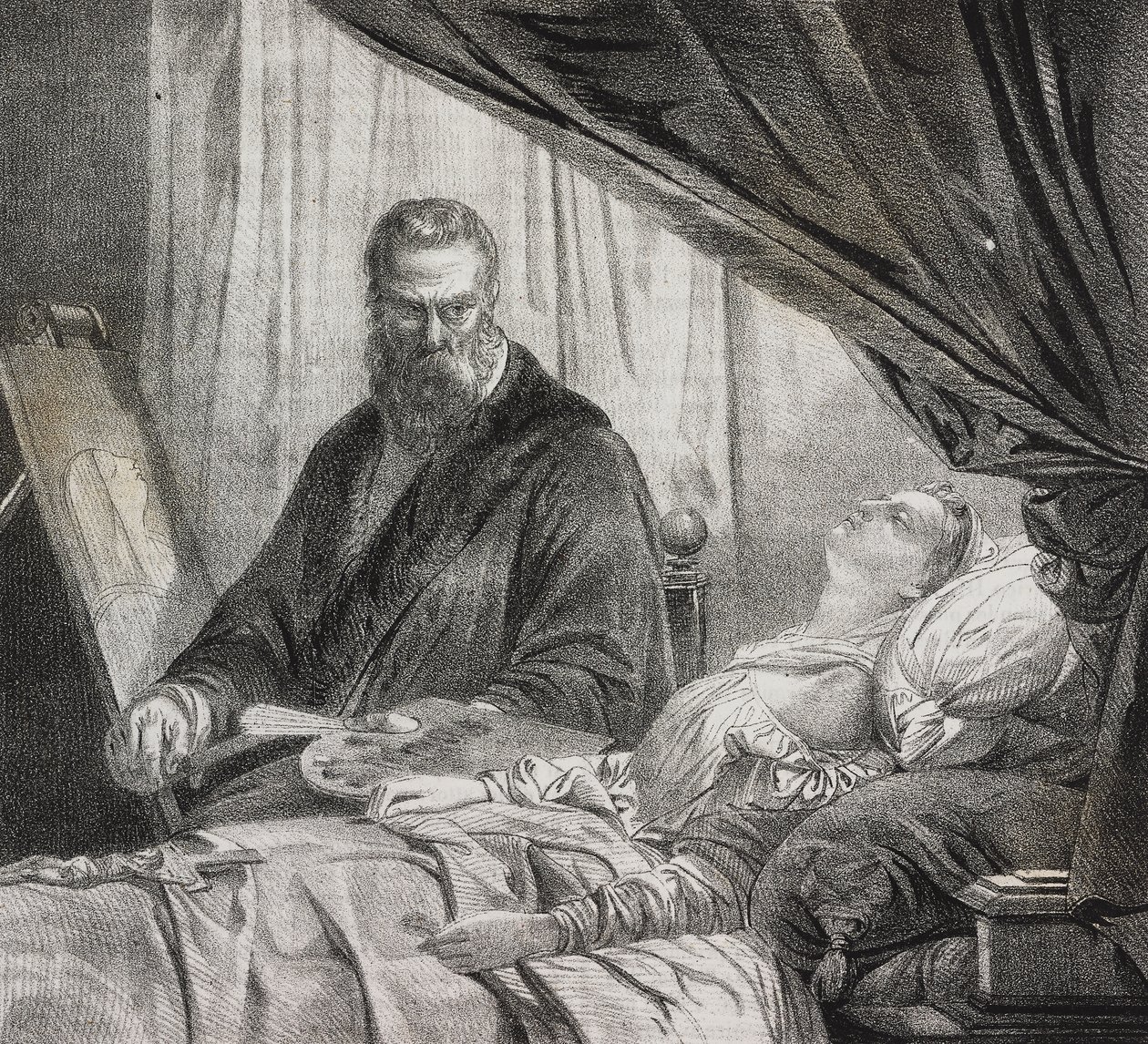 Tintoretto maler sin døde datter, litografi av Salvatore Puglia fra Poliorama Pittoresco, n 27, 10 februar av Salvatore Puglia