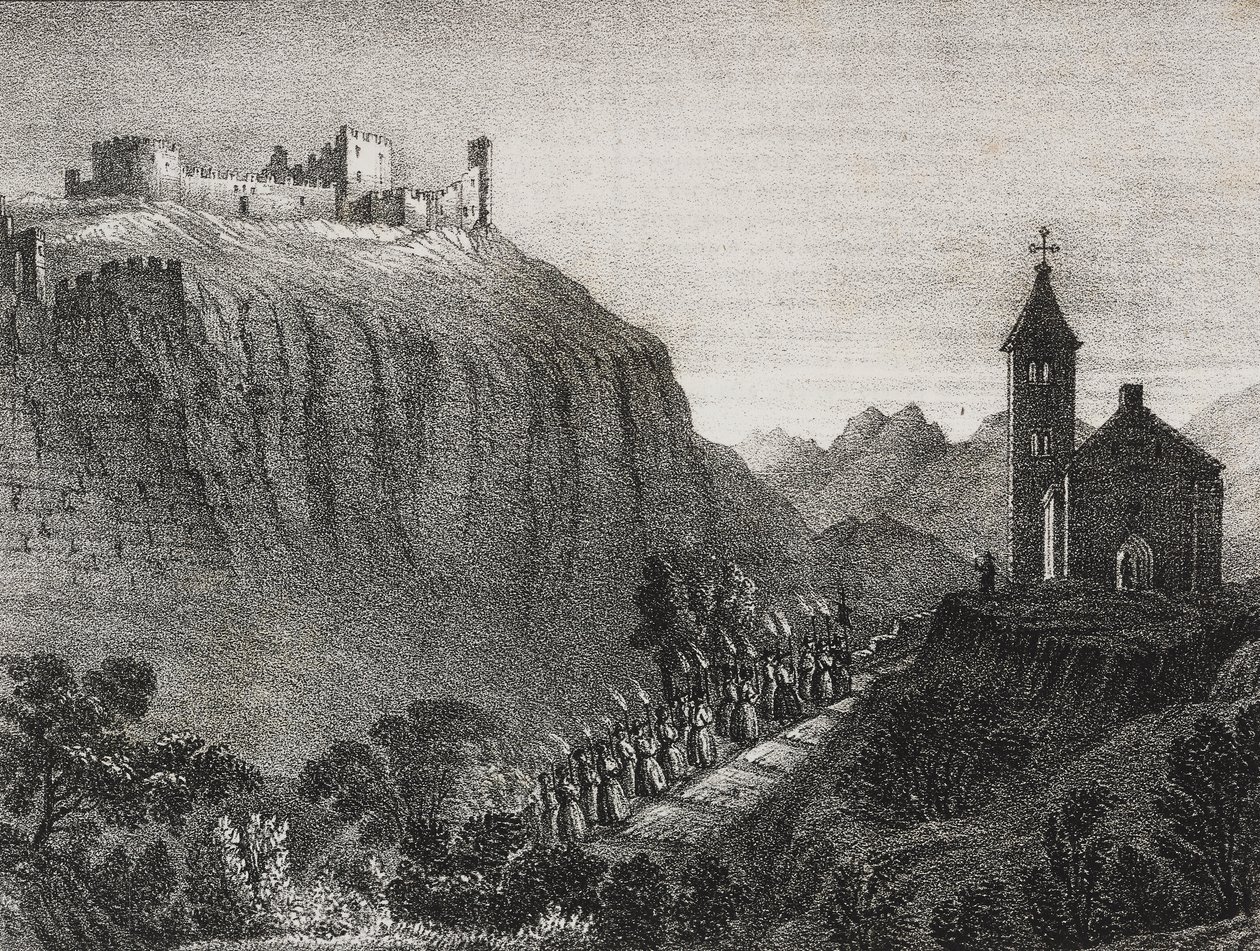 Tur til Cappelluccia, scene for Magic Lantern, samling av historier og bilder, litografi av Salvatore Puglia fra Poliorama Pittoresco, n 41, 17. mai av Salvatore Puglia