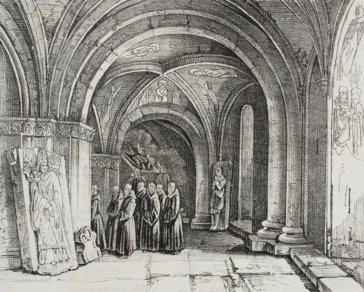 Underjordisk kirke i Basel Cathedral, Sveits, litografi av Salvatore Puglia fra Poliorama Pittoresco, n 50, 22. juli av Salvatore Puglia