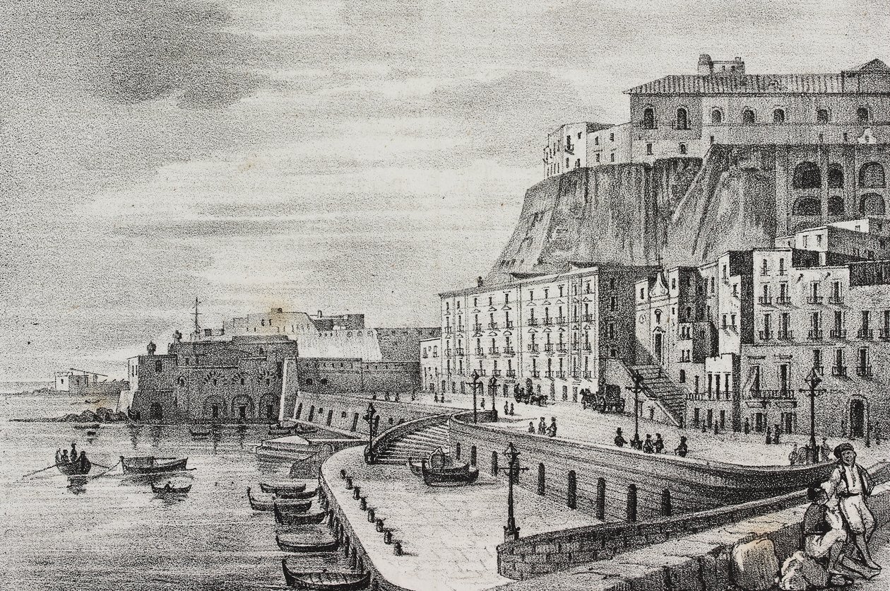 Utsikt over Borgo Santa Lucia, Napoli, Campania, Italia, litografi av Salvatore Puglia fra Poliorama Pittoresco, n 36, 15. april av Salvatore Puglia