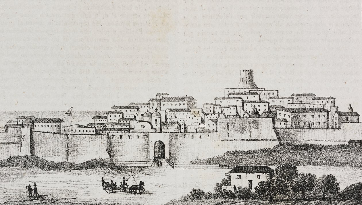 Utsikt over Crotone, Calabria, Italia, litografi av Salvatore Puglia fra Poliorama Pittoresco, n 12, 26. oktober av Salvatore Puglia