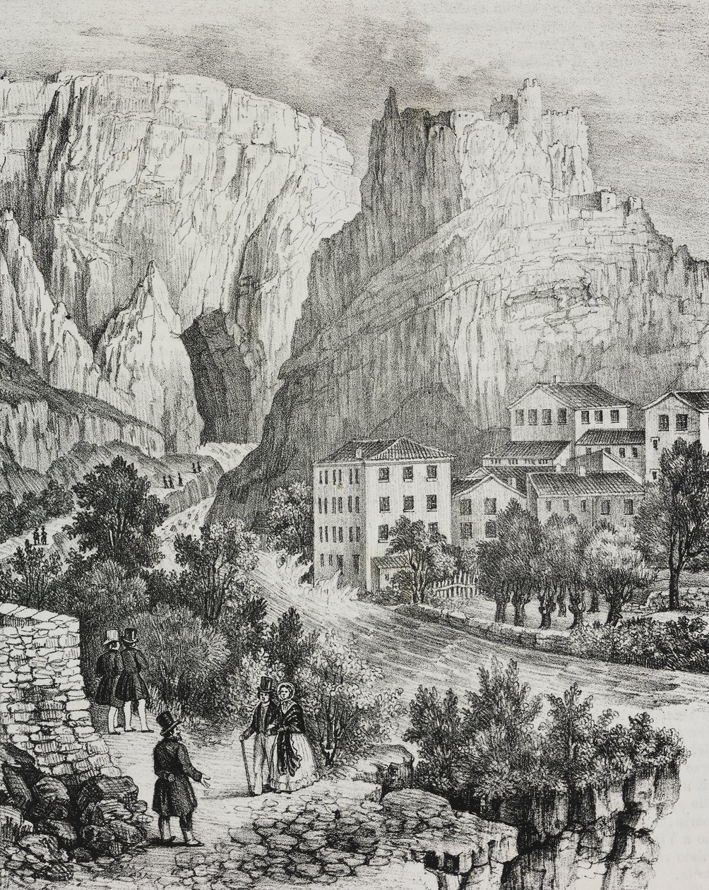 Utsikt over Fontaine-de-Vaucluse, Frankrike, litografi av Sardi fra Poliorama Pittoresco, n 51, 30. juli av Salvatore Puglia