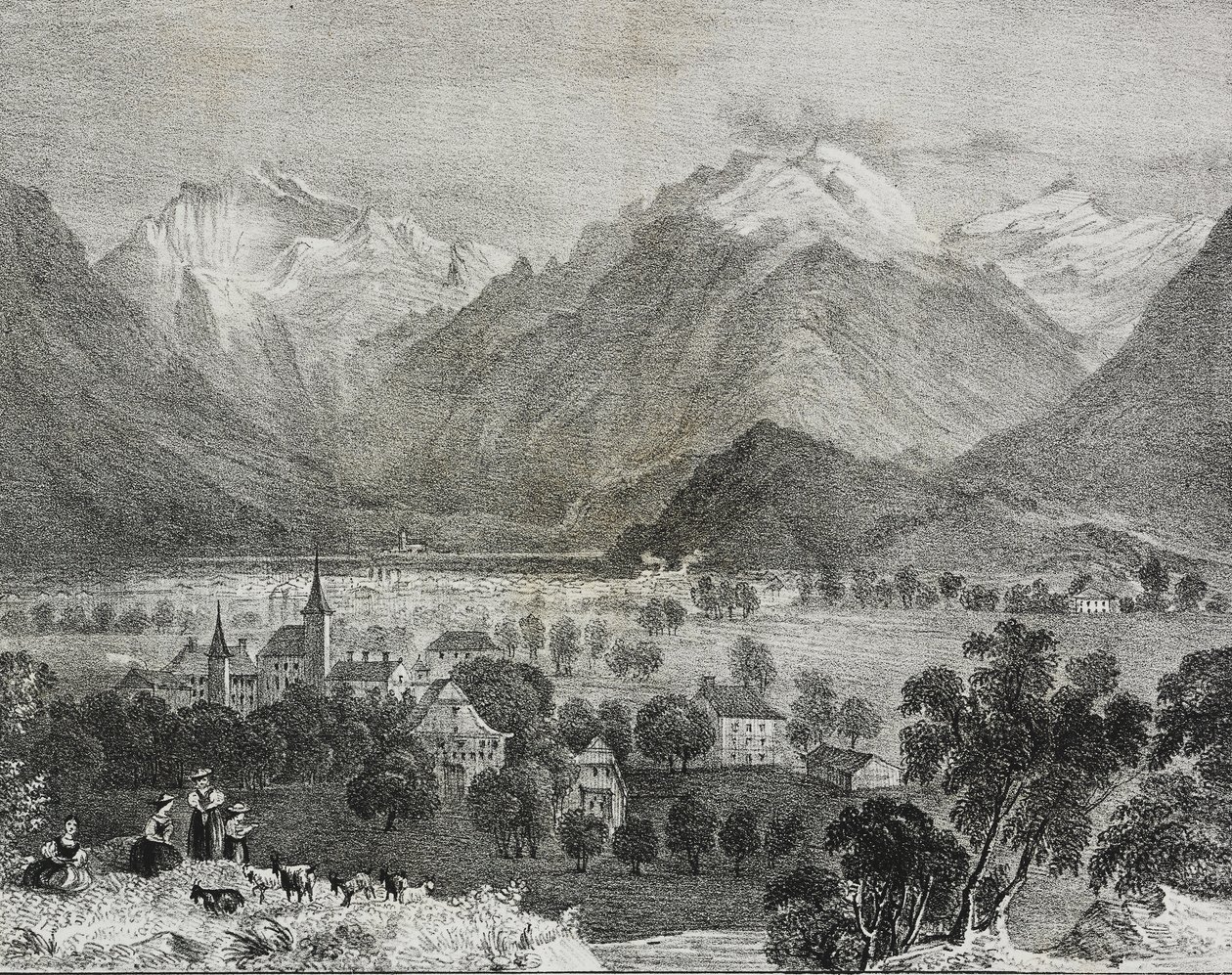 Utsikt over Interlaken, Sveits, litografi av Salvatore Puglia fra Poliorama Pittoresco, n 36, 16. april av Salvatore Puglia