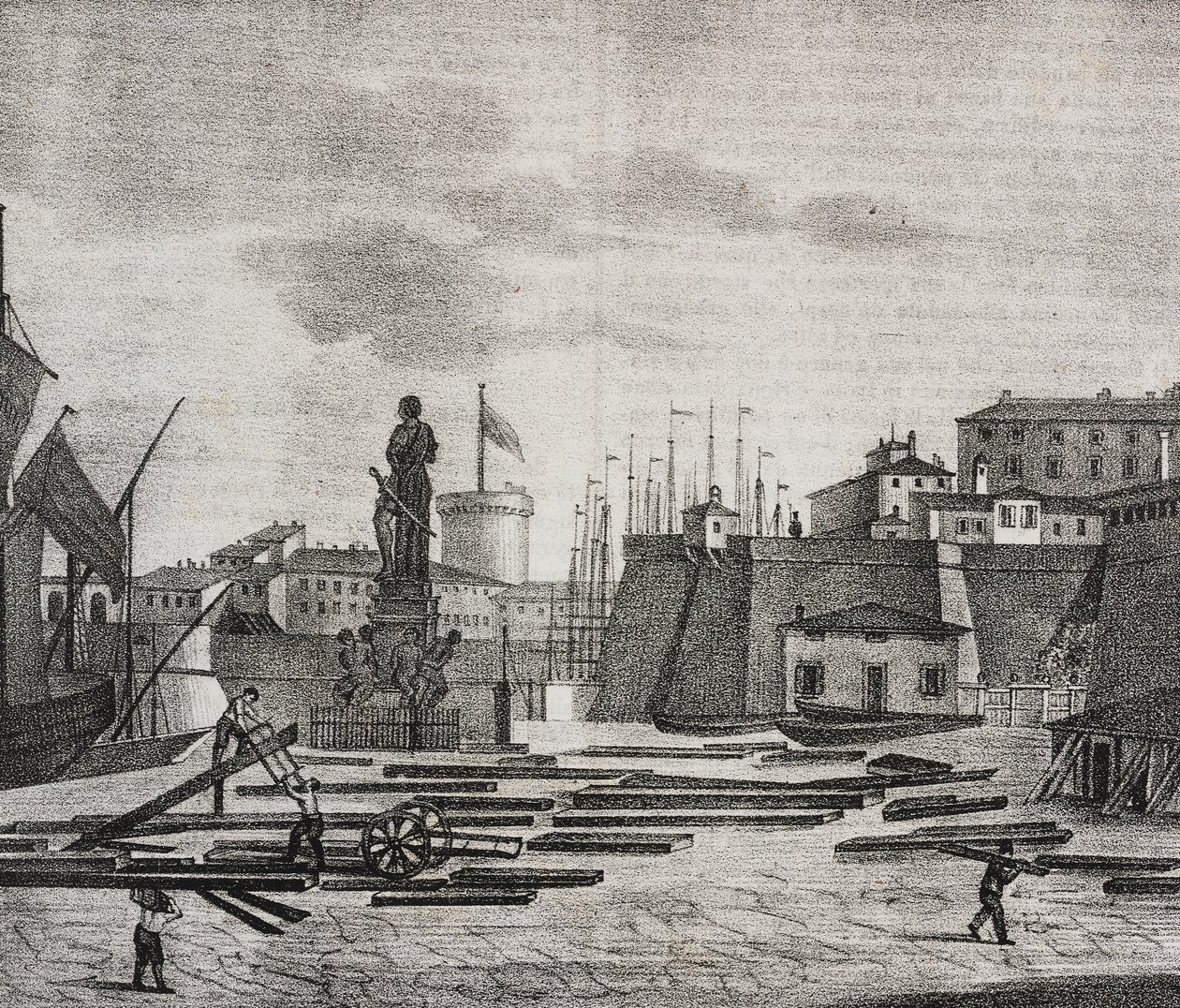 Utsikt over Livorno dock, Toscana, Italia, litografi av Salvatore Puglia fra Poliorama Pittoresco, n 38, 26. april av Salvatore Puglia