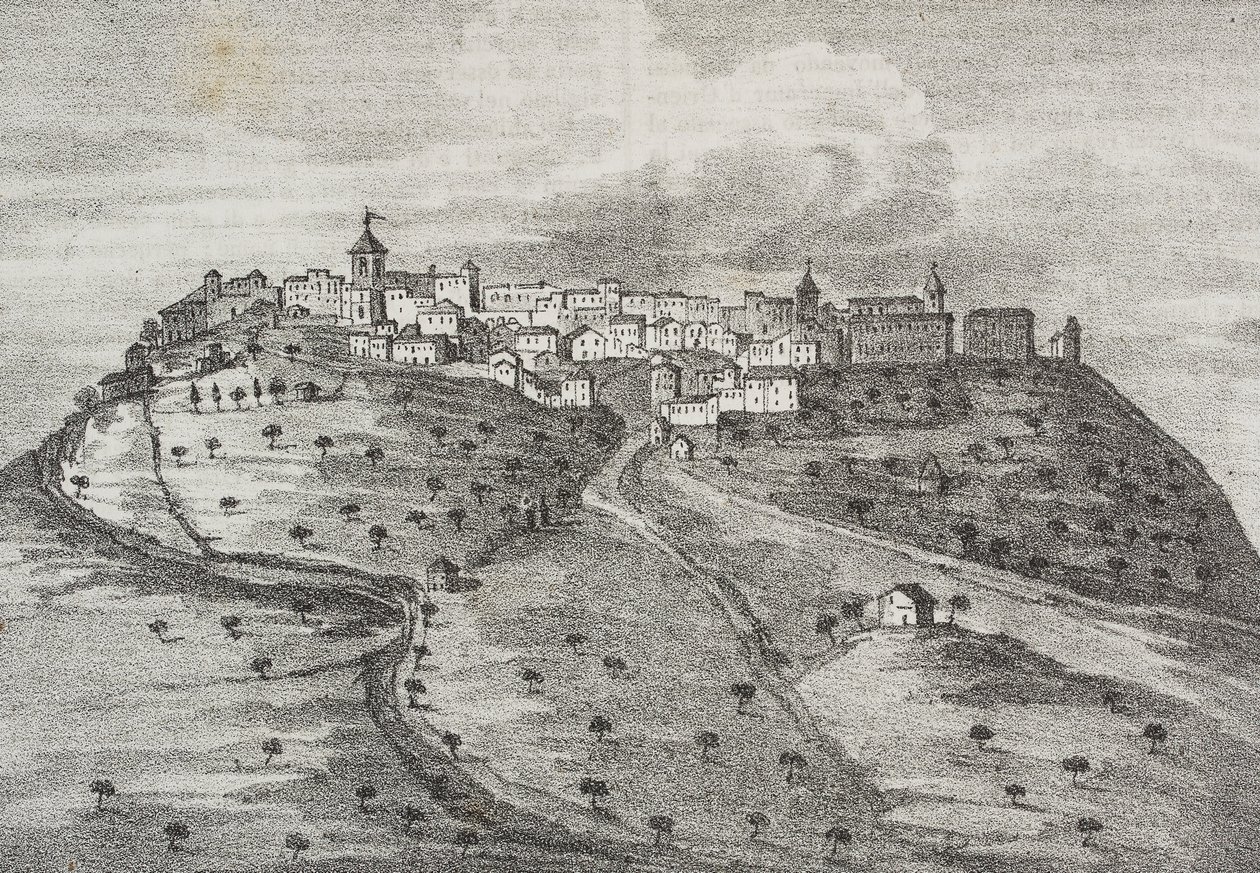 Utsikt over Montefuscolo, i dag Montefusco, Campania, Italia, litografi av Salvatore Puglia fra Poliorama Pittoresco, n 41, 20. mai av Salvatore Puglia