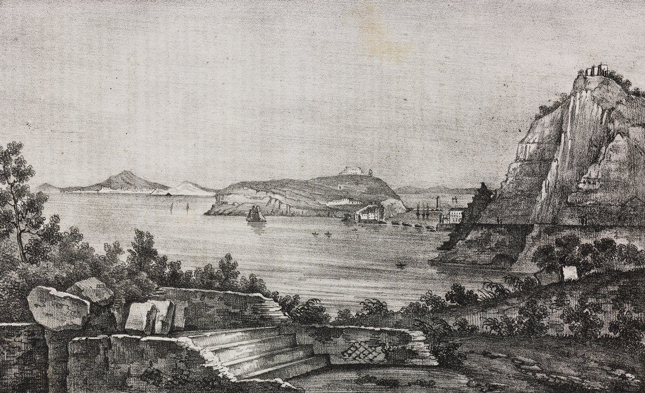 Utsikt over Posillipo fra monsignor Di Pietros terrasse, Campania, Italia, litografi av Salvatore Puglia fra Poliorama Pittoresco, n 32, 16. mars av Salvatore Puglia