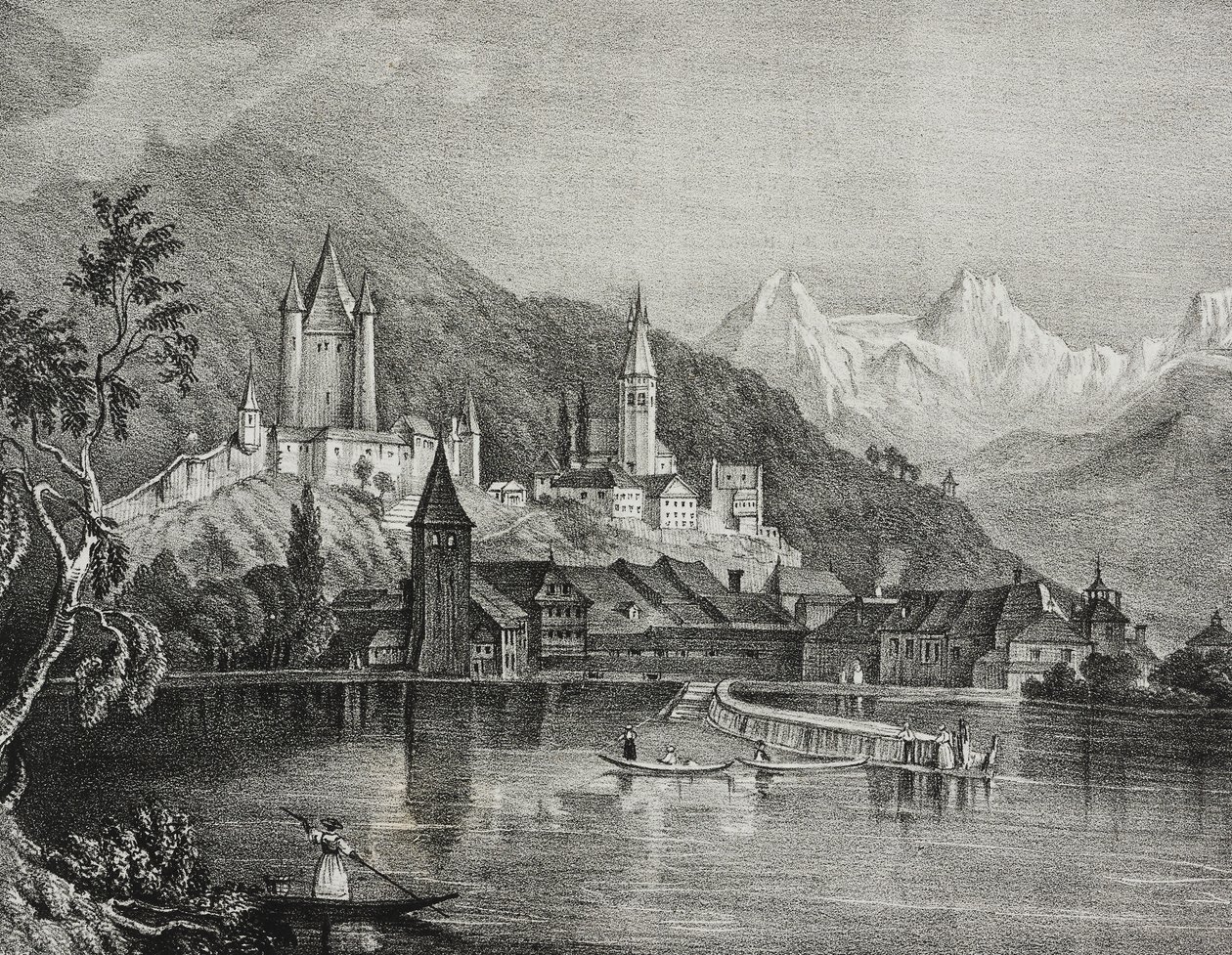 Utsikt over Thun, kanton Bern, Sveits, litografi av Salvatore Puglia fra Poliorama Pittoresco, n 35, 9. april av Salvatore Puglia