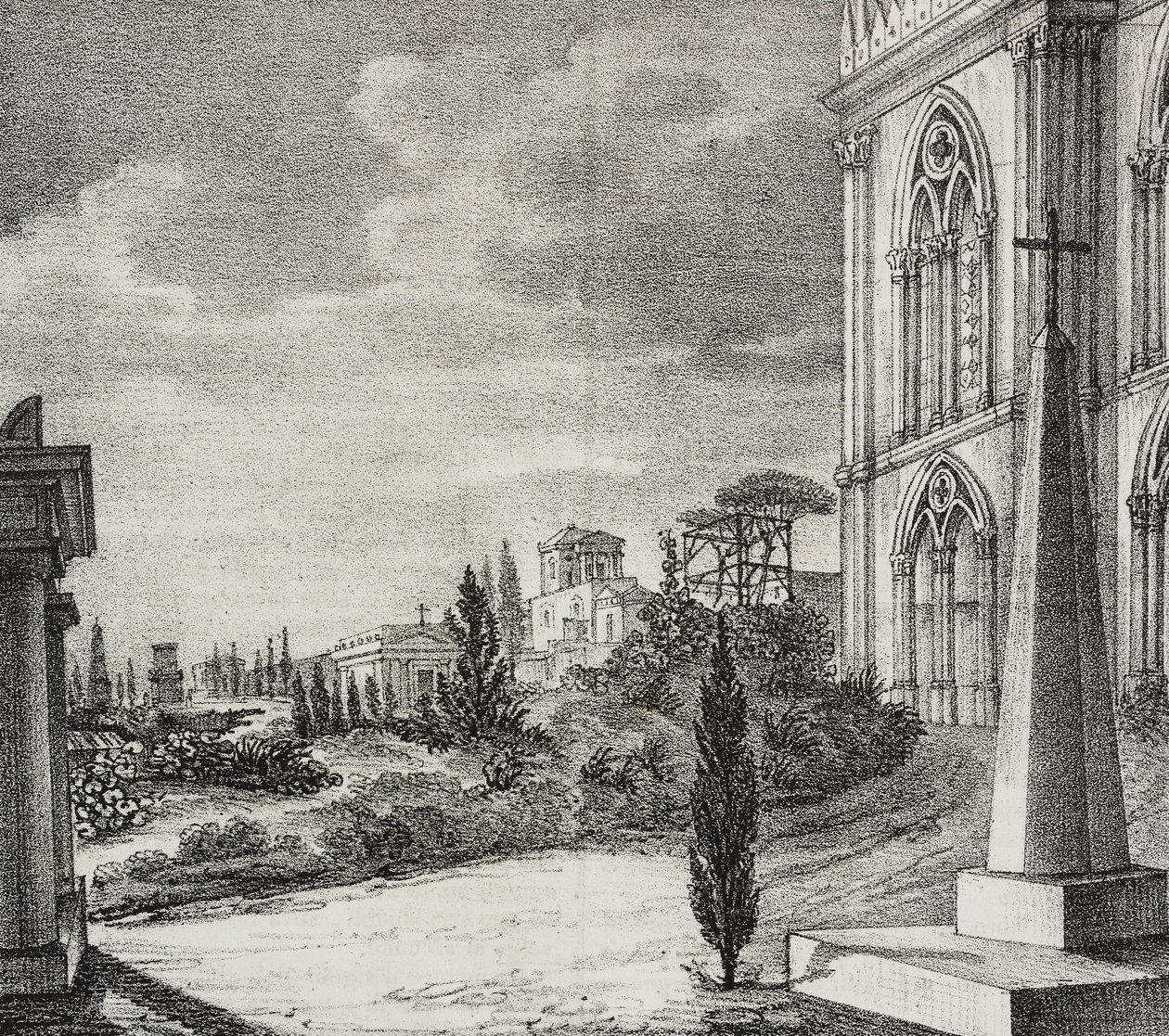 Utsikt over kirkegården fra gotisk kloster, Napoli, Campania, Italia, litografi av Salvatore Puglia fra Poliorama Pittoresco, n 34, 1. april av Salvatore Puglia