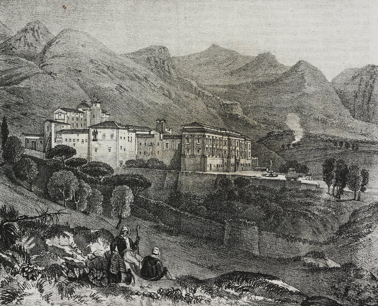 Utsikt over klosteret San Martino delle Scale nær Palermo, Sicilia, Italia, litografi av Salvatore Puglia fra Poliorama Pittoresco, n 47, 2. juli av Salvatore Puglia