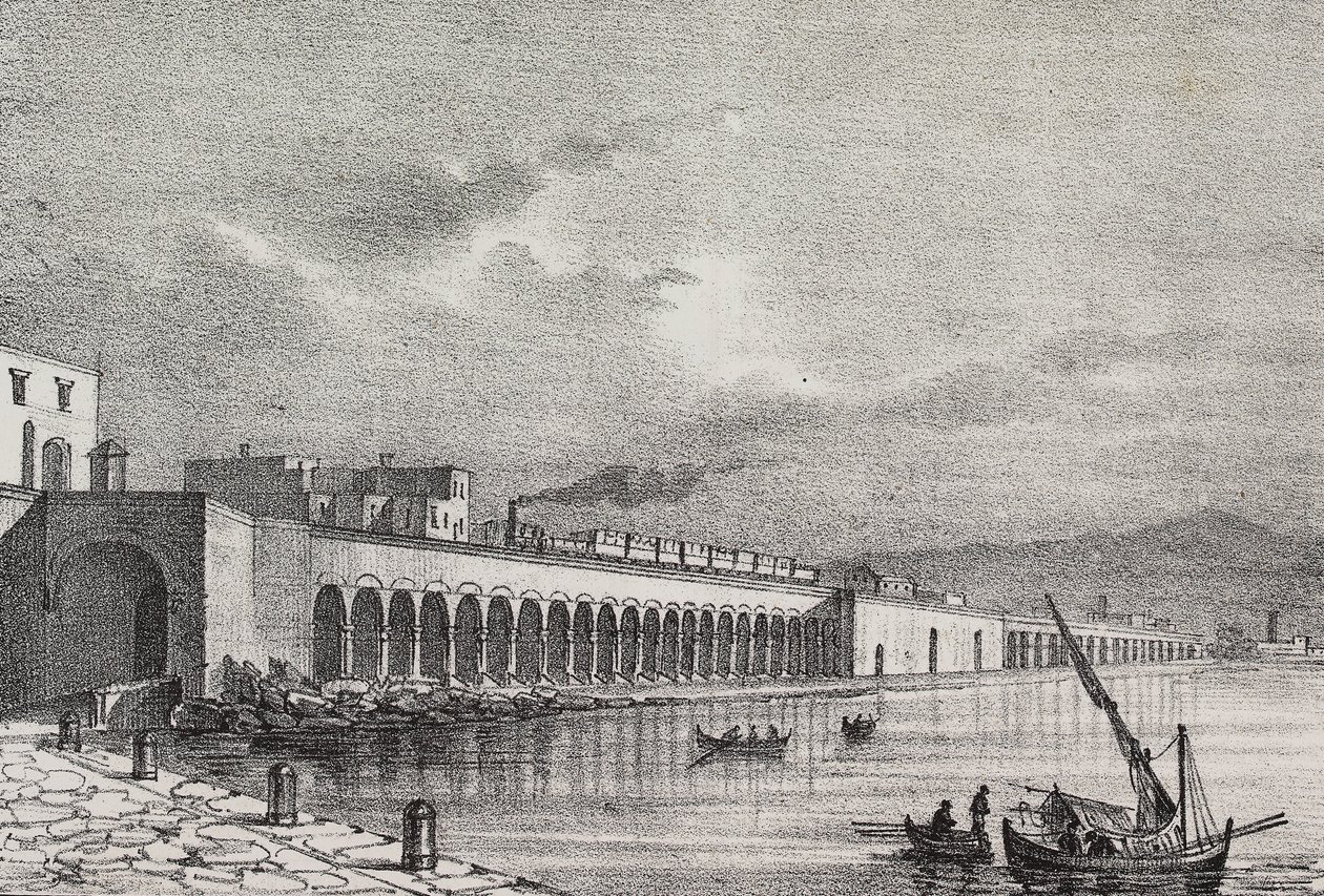 Utsikt over jernbanen ved Torre Annunziata, Campania, Italia, litografi av Gaetano Riccio fra Poliorama Pittoresco, n 21, 31. desember av Salvatore Puglia