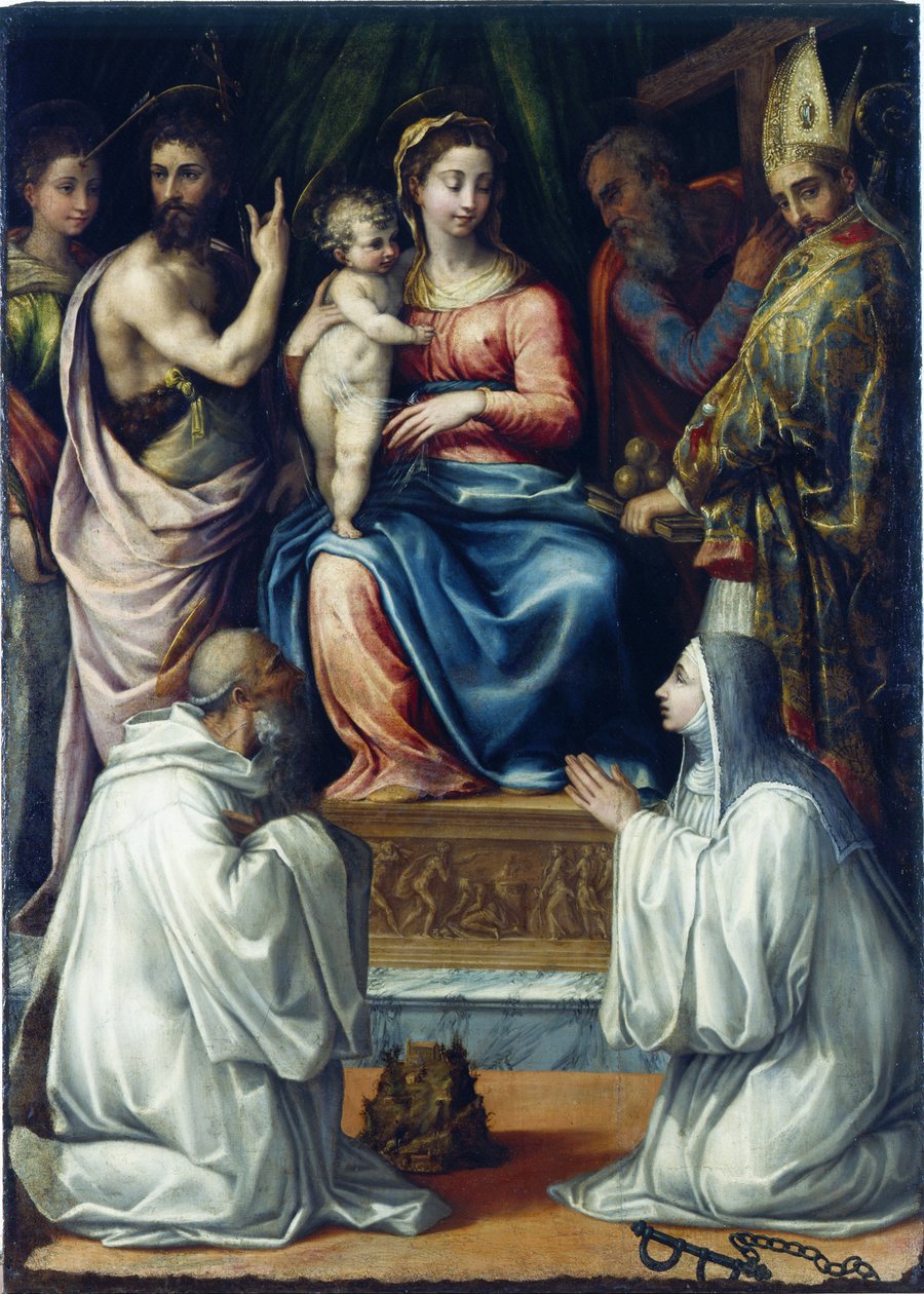 Jomfruen med de hellige Christina av Bolsena, døperen Johannes, Philip, Nicholas ..., 1540. av Salviati