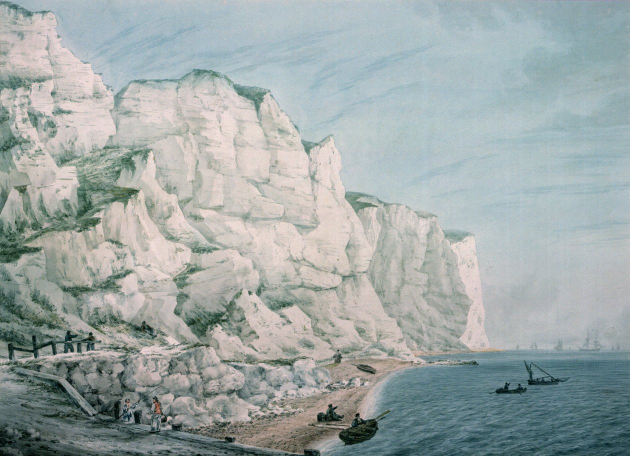 Study of Cliffs: Sailing Vessels in the Offing and Small Boats with Figures near Shore, 1700-tallet (akvarell) av Samuel Atkins