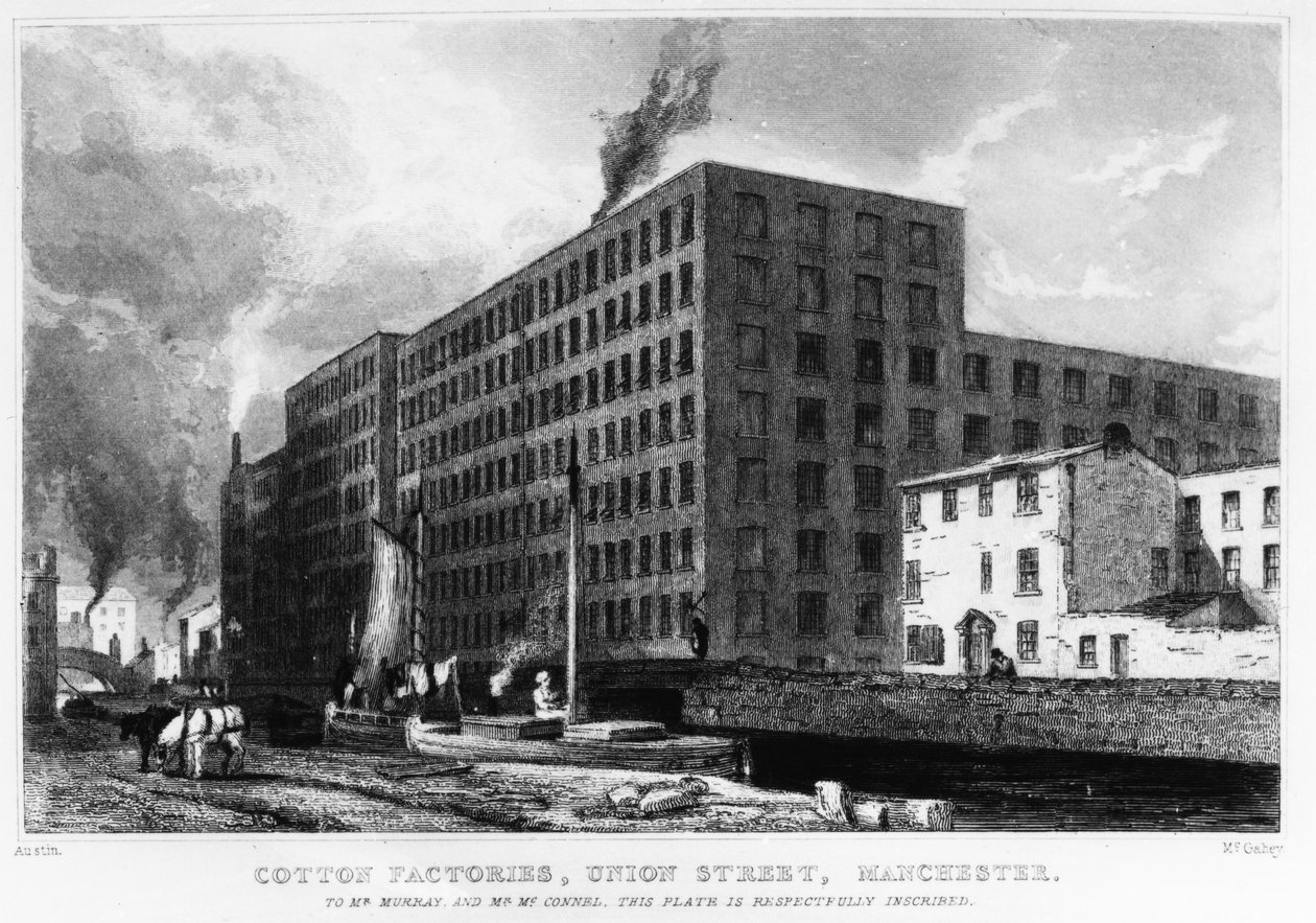 Cotton Factories, Union Street, Manchester, gravert av John McGahey, 1829 av Samuel Austin