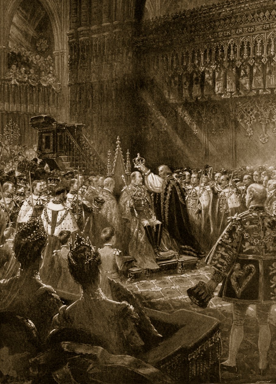 Kroningsseremonien i 1902: Stillingen til kong Edward VII under kroningsakten, fra 'The Illustrated London News', 1902 av Samuel Begg