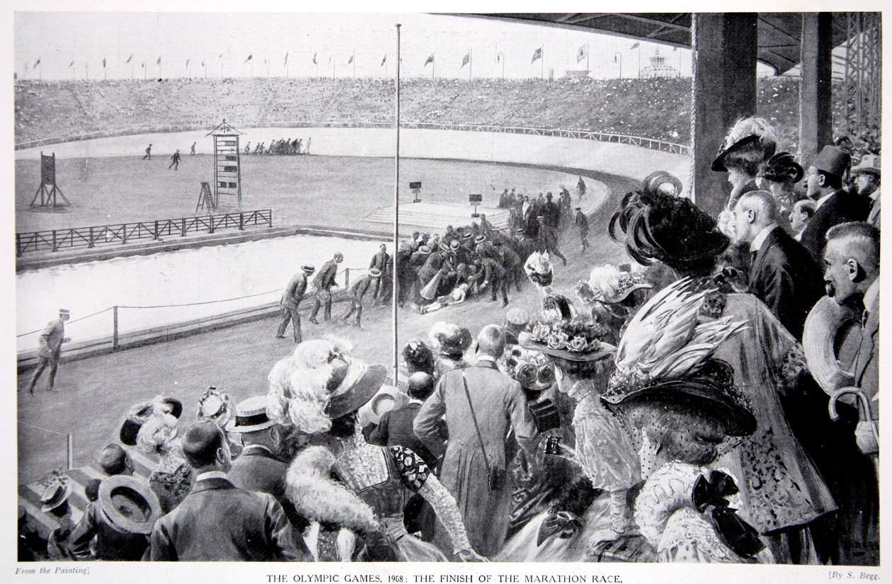 Avslutningen av maratonløpet, de olympiske leker, 1908 av Samuel Begg