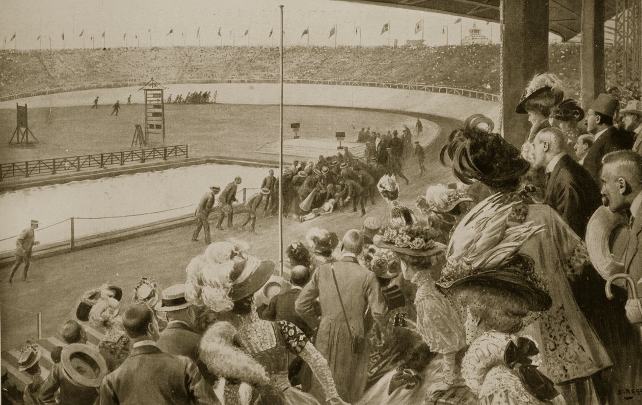Avslutningen av maratonløpet, de olympiske leker, 1908 av Samuel Begg