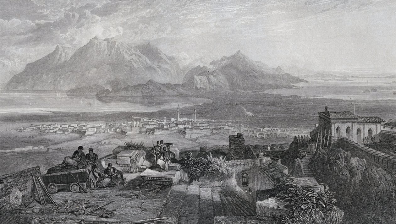 Town and Isthmus of Corinth sett fra Akropolis, gravert av W. Miller, fra 'The Imperial Bible Dictionary', utgitt av Blackie und Son, ca. 1880-tallet av Samuel Bough