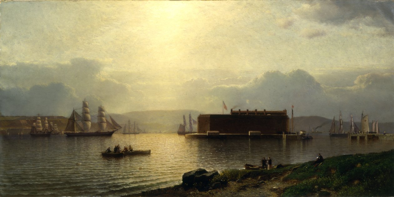 The Narrows og Fort Lafayette, skip som kommer inn i havnen, New York Harbor, 1868 av Samuel Colman
