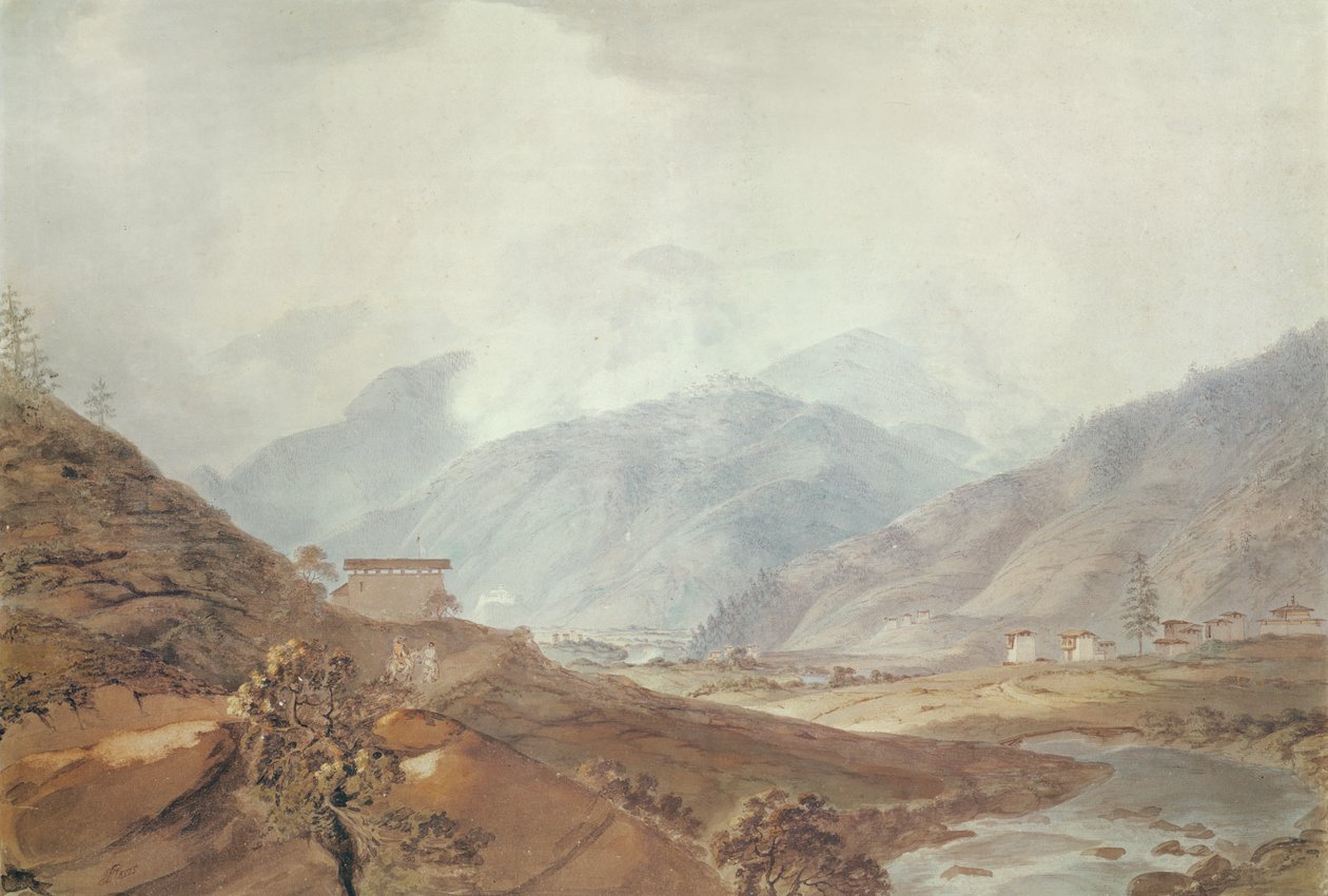 Fjellscene nær Thimphu, Bhutan, 1783, av Samuel Davis