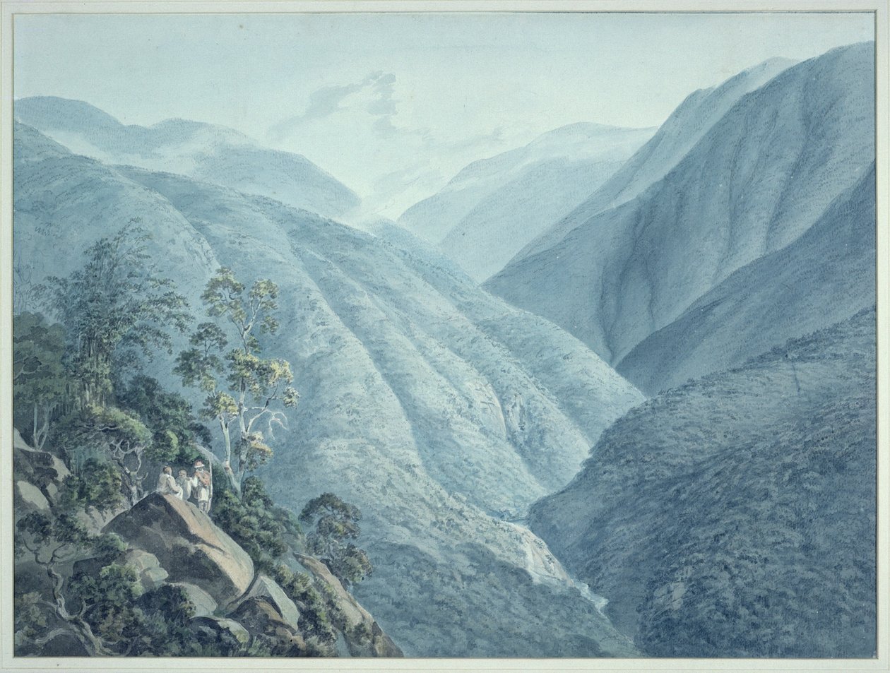 Utsikt fra Murichon, ser nordover opp kanalen til Teenchoo, på veien til Tacissudon, Bhutan av Samuel Davis