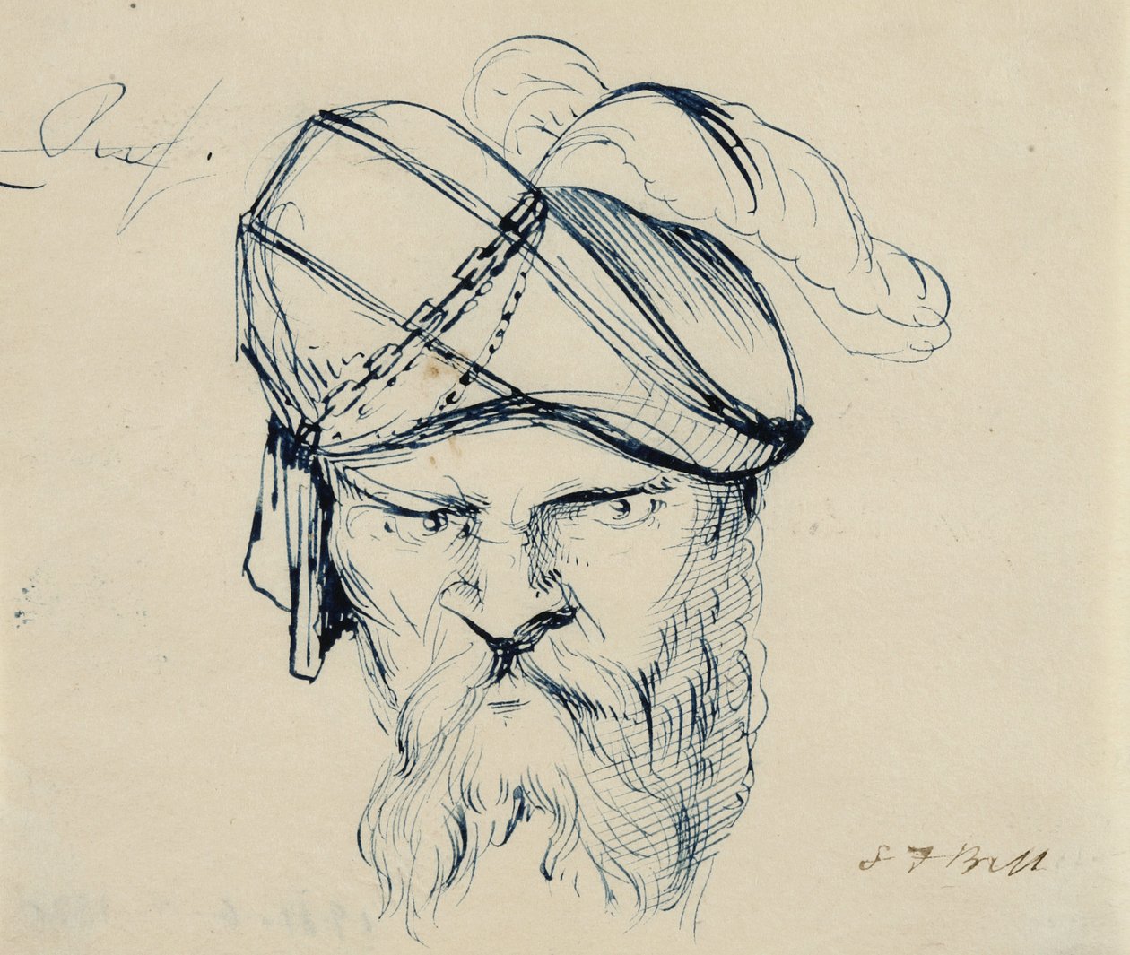 Mann iført en plymert turban, 1840-42 (penn og blått blekk på kremvevd papir) av Samuel Finley Breese Morse