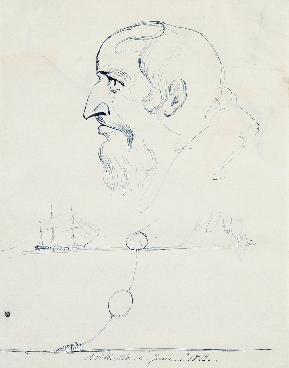 Profil av en skjegget mann og design for Atlanterhavskabelen, 1842 (penn og blått blekk på kremfarget papir) av Samuel Finley Breese Morse