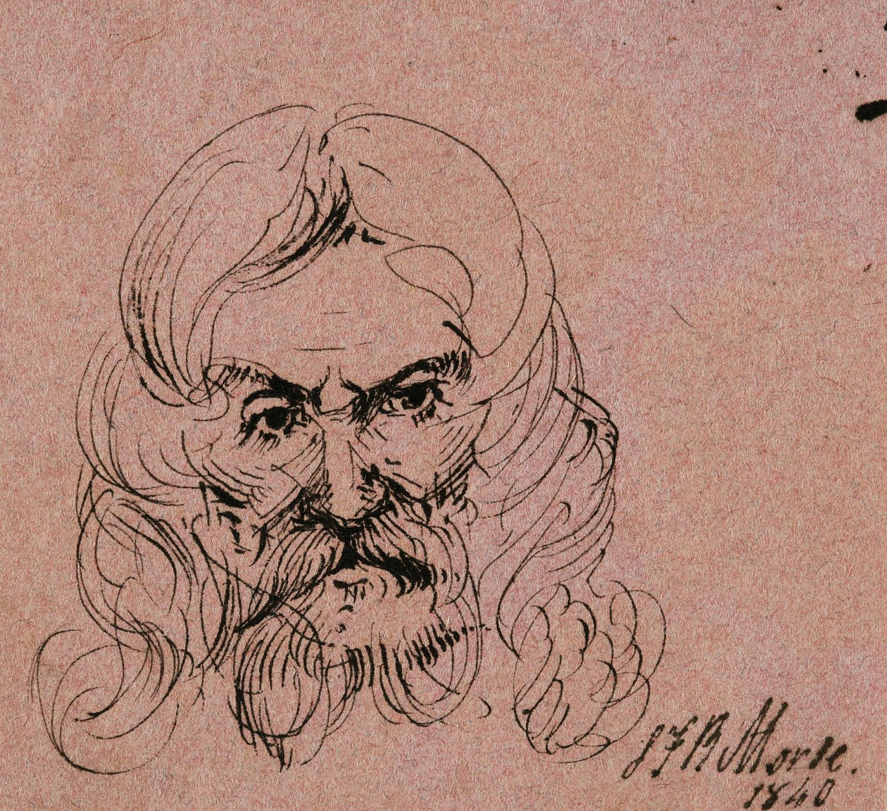 Skisse av hodet til en skjeggete mann med langt hår, 1840 (penn og svart blekk på rosa vevd papir) av Samuel Finley Breese Morse