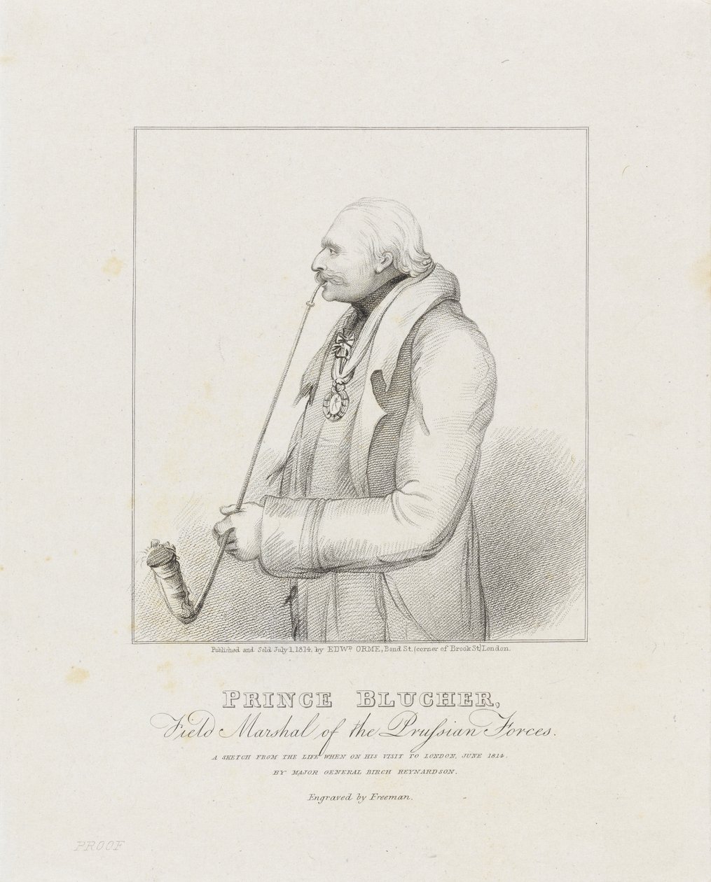 Prins Blucher, feltmarskalk for de prøyssiske styrkene, 1814 (trykk) av Samuel Freeman