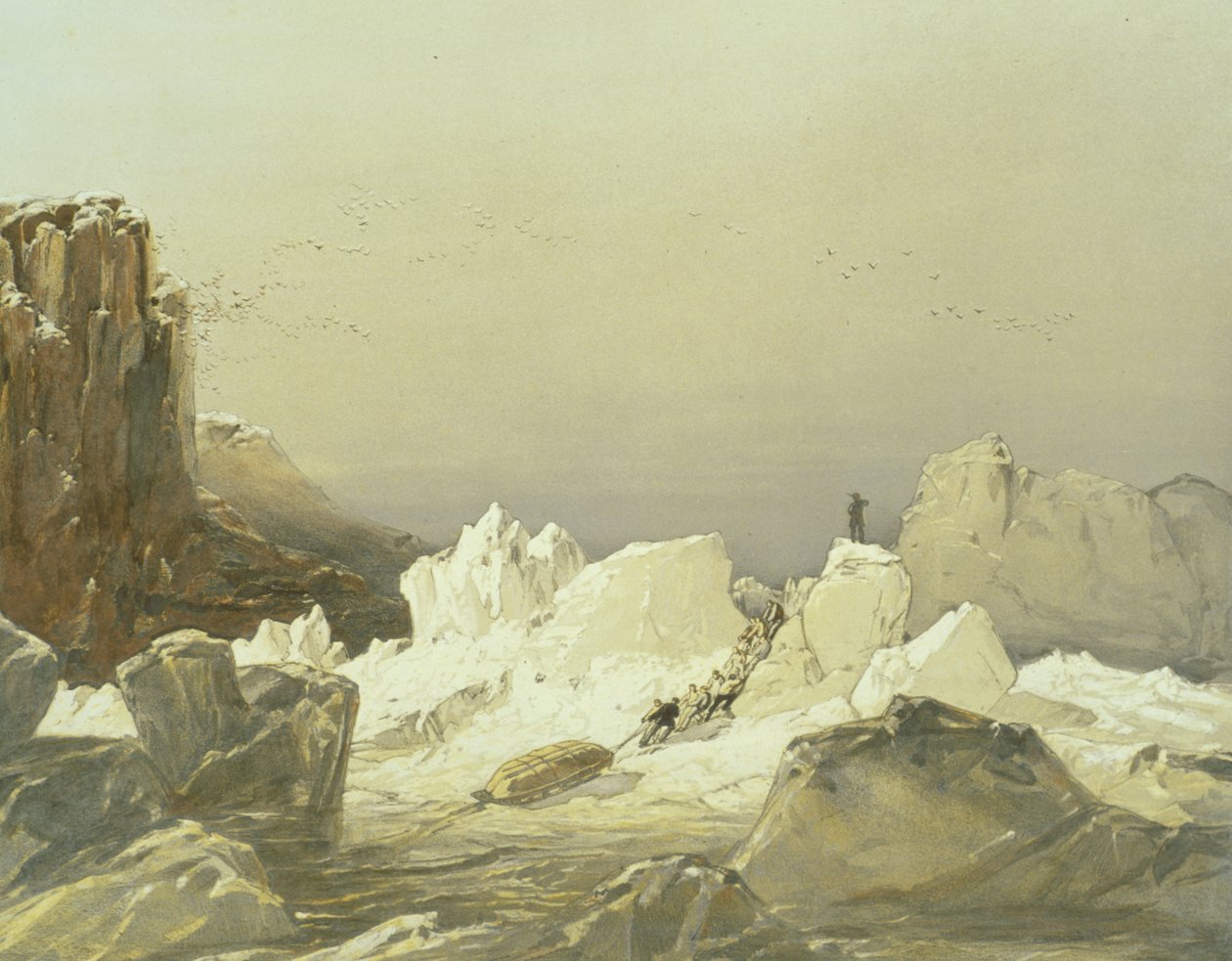 Sleding over hummocky is, april 1853, gravert av William Simpson, utgitt av Ackermann und Co., 1854 av Samuel Gurney Cresswell