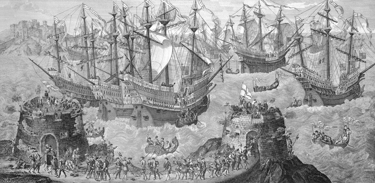 The Embarkation of Henry VIII (1491-1547) at Dover, 31. mai 1520, Preparation to his Interview with the French King Francis I (1494-1547) pub. i 1781, gravert av James Basire (bundw foto av Samuel Hieronymous Grimm