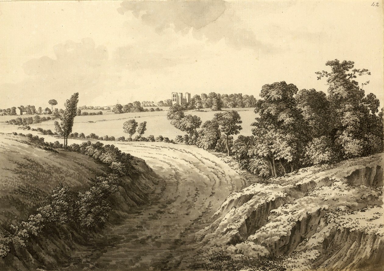 Hardwick Hall fra Thakley Lane i Derbyshire av Samuel Hieronymous Grimm