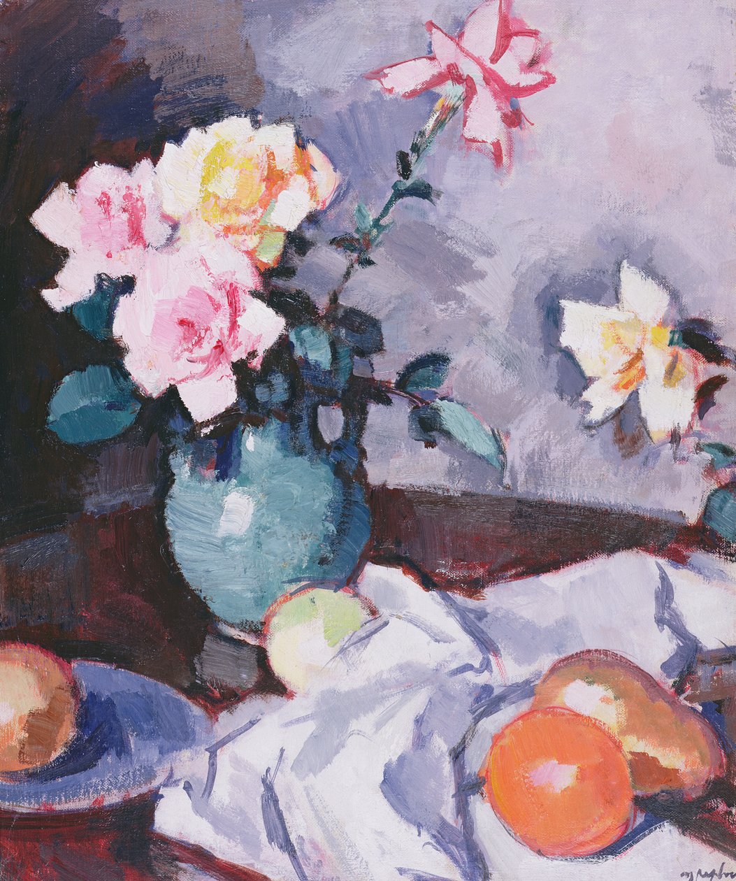 Rosa roser i en grønn kanne, ca. 1926 av Samuel John Peploe