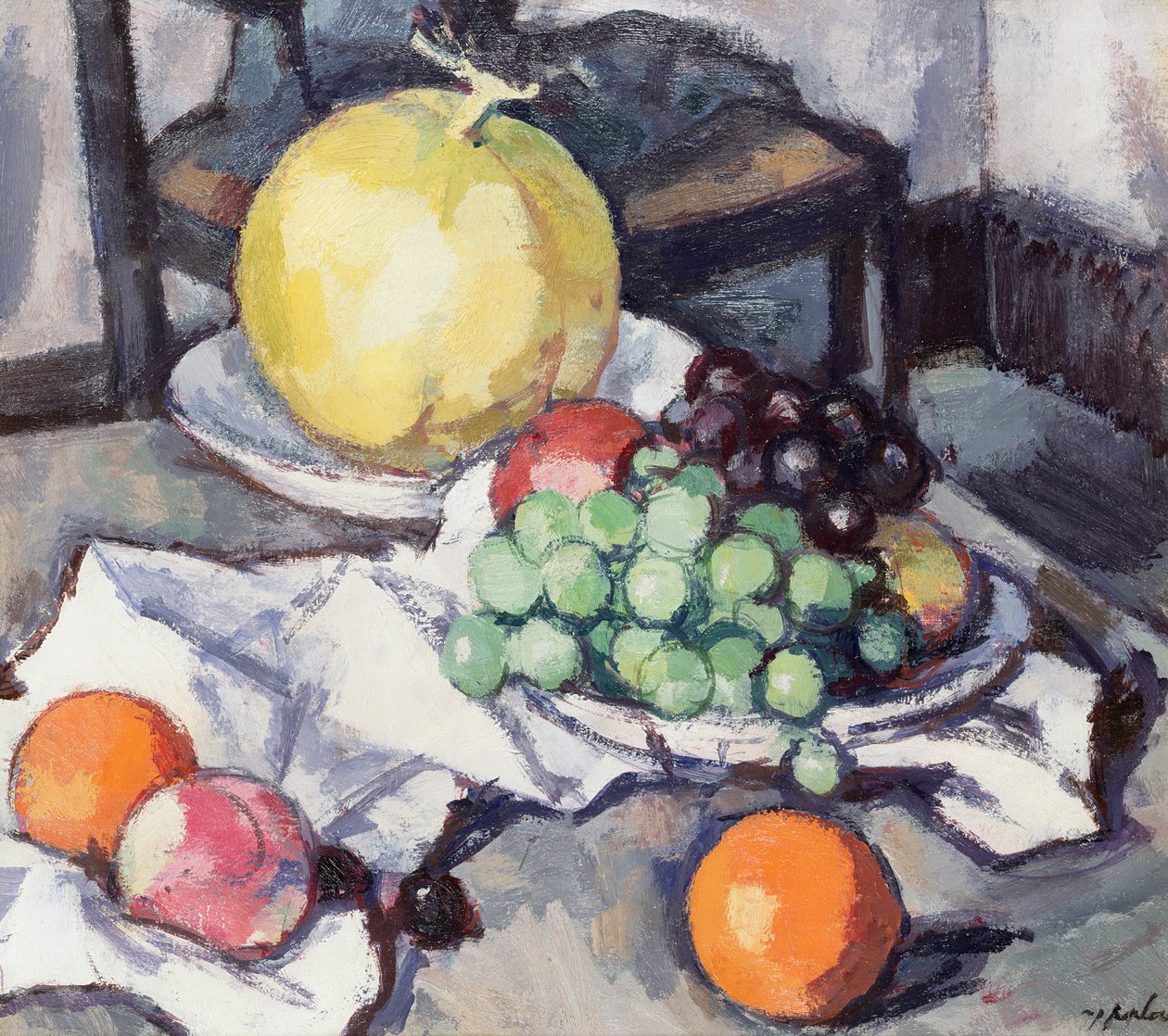 Stilleben med meloner og druer av Samuel John Peploe