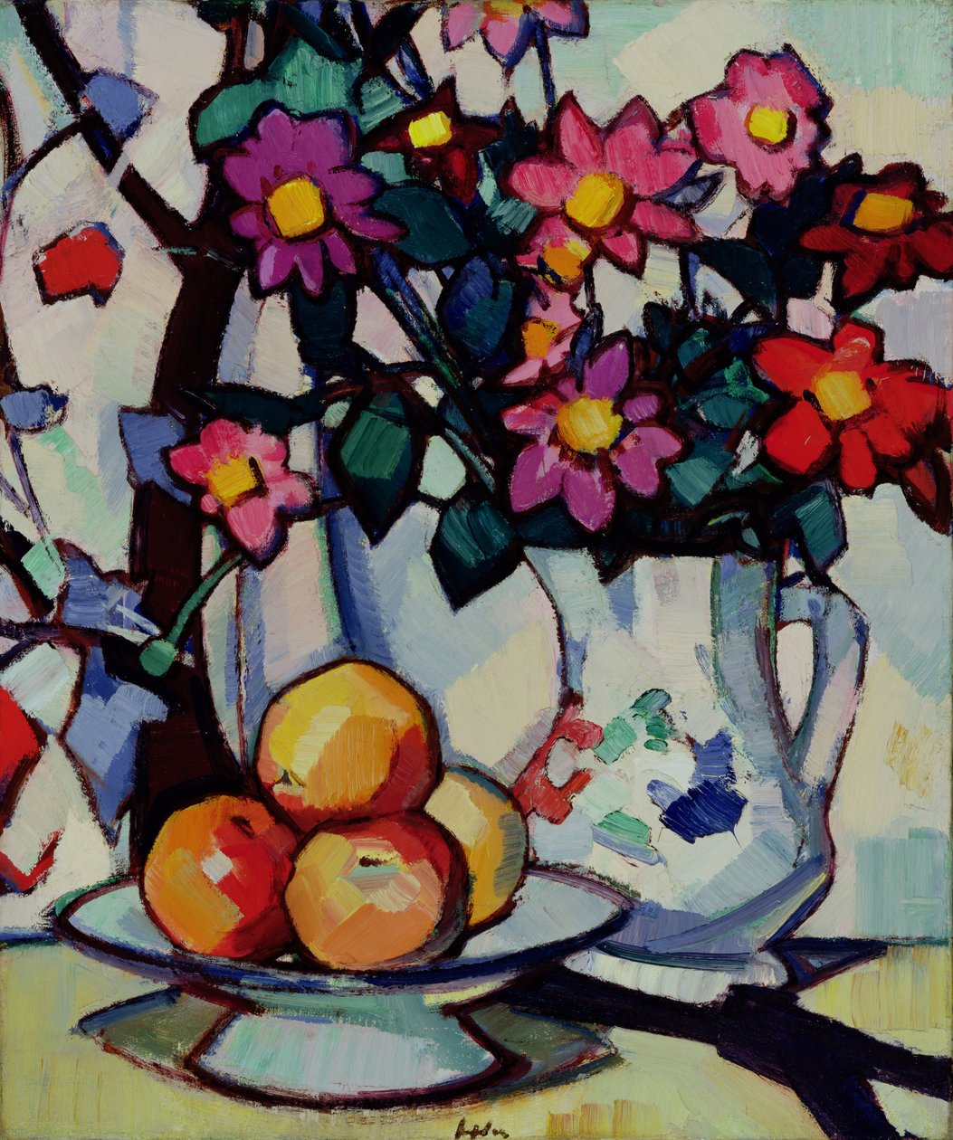 Stilleben av georginer og frukt, ca. 1910-12 av Samuel John Peploe