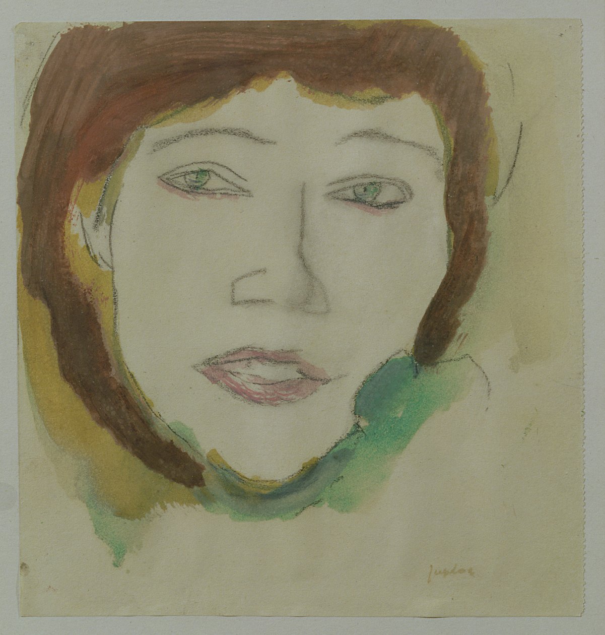 The Artists Wife, Margaret, ca. 1906 (blyant og olje på papir) av Samuel John Peploe