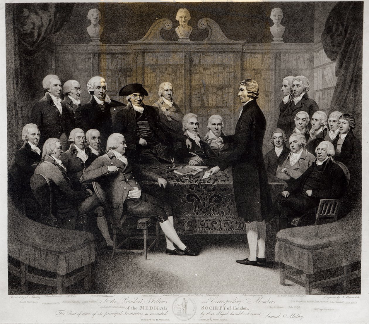 Gruppeportrett av presidenten, stipendiatene og korresponderende medlemmer av Medical Society of London, gravert av Nathan Cooper Branwhite (1775-1857), utgitt av R. Wilkinson, 1801 (bw-foto) av Samuel Medley