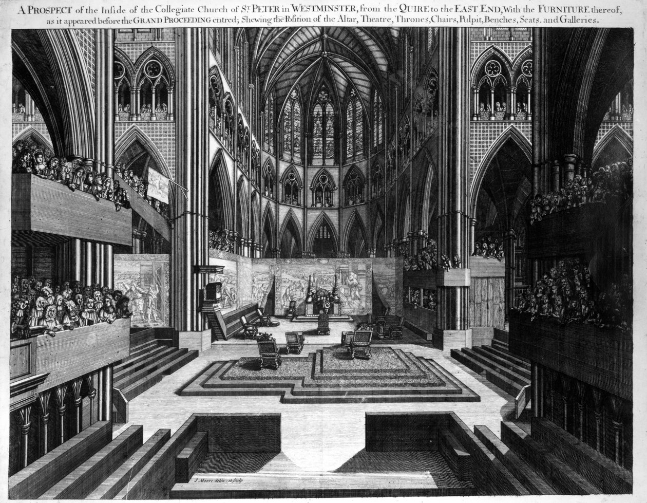 Et prospekt av innsiden av Collegiate Church of St. Peter i Westminster (Westminster Abbey) før kroningen av James II (1633-1701) 1688 av Samuel Moore