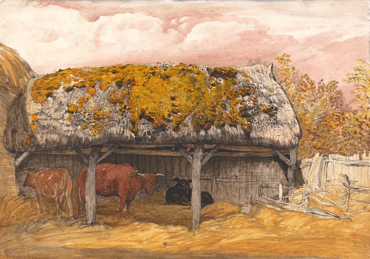En kuhytte med et mosete tak av Samuel Palmer