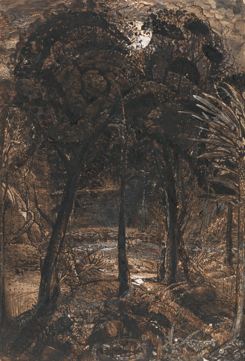 En månelyst scene med en svingende elv av Samuel Palmer