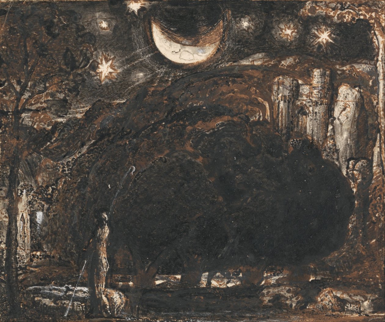 En hyrde og flokken hans under månen og stjernene av Samuel Palmer