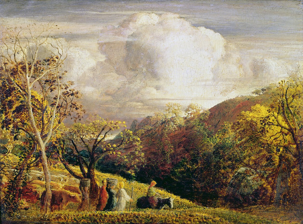 Landskap, figurer og storfe (wc og kroppsfarge på papir) av Samuel Palmer