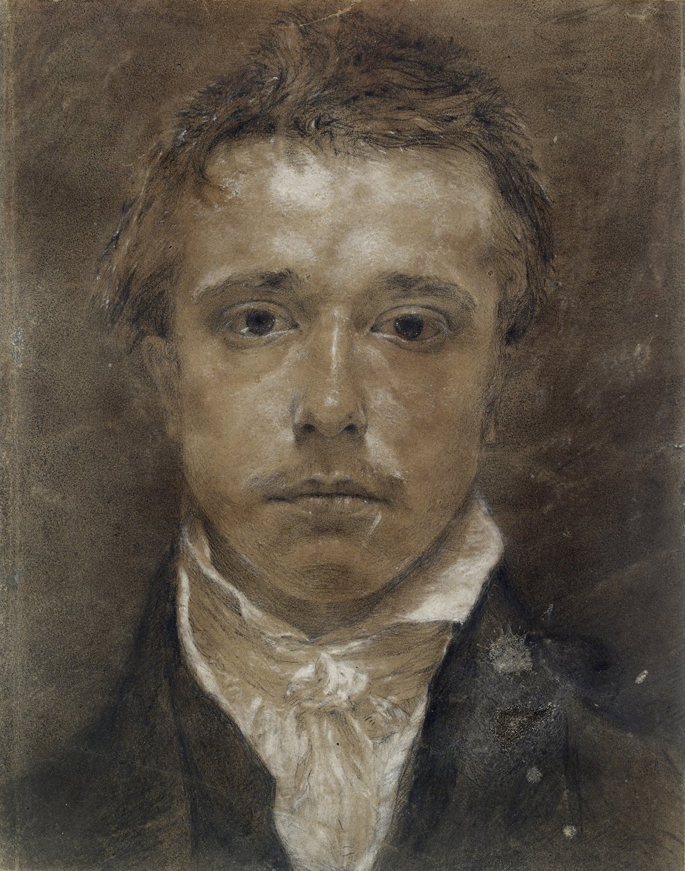 Selvportrett, ca. 1824 (svart kritt, forsterket med hvitt, på brunfarget papir) av Samuel Palmer